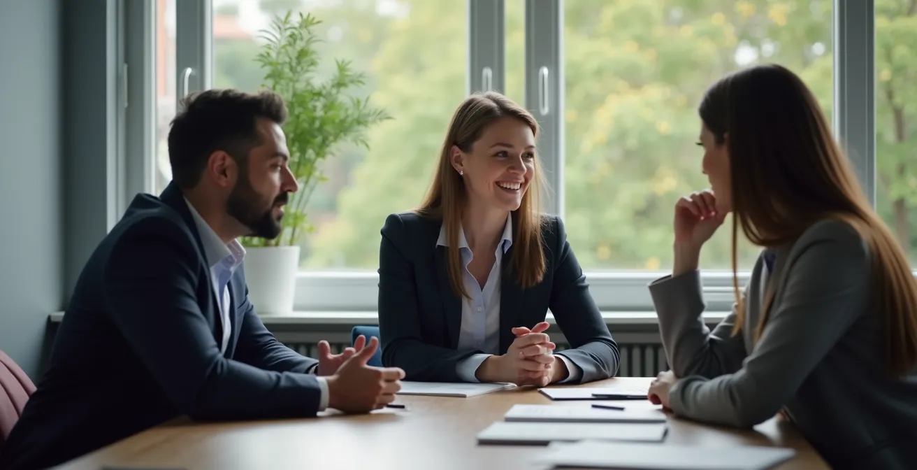Trois professionnels en discussion autour d'une table lors d'une réunion de travail