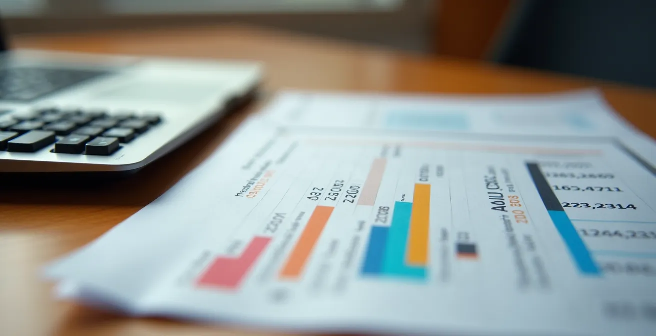 Table de travail avec formulaires administratifs, calculatrice et ordinateur montrant un tableau de simulation