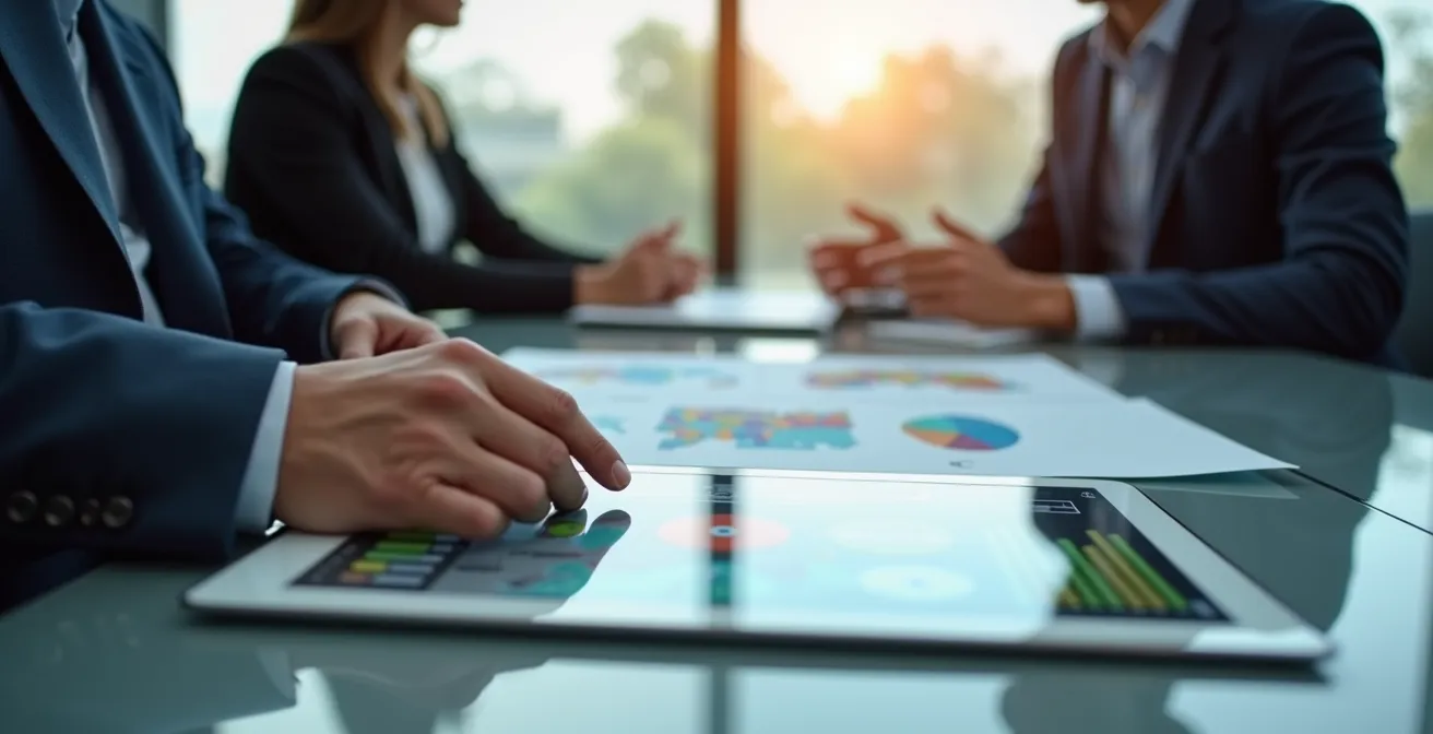 Candidat en entretien d'embauche présentant son portfolio d'expériences internationales