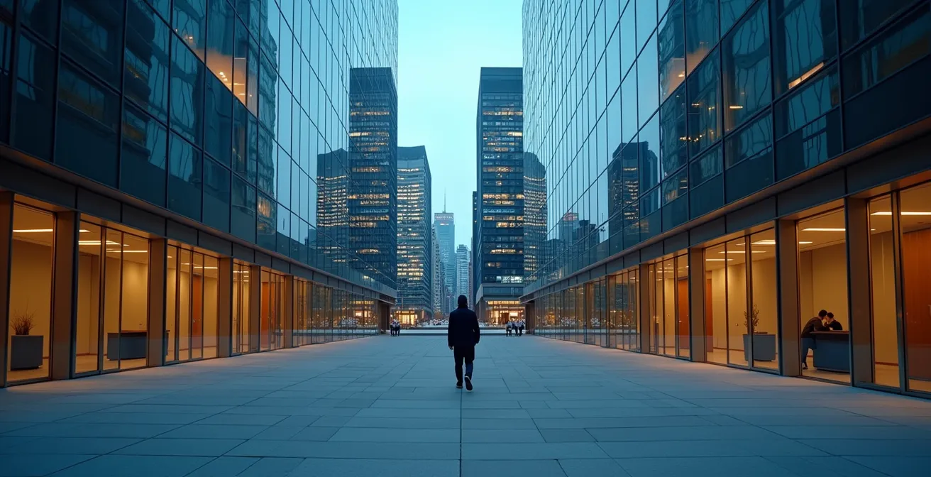 Métaphore visuelle de la frontière entre vie professionnelle et personnelle, symbolisée par un immeuble de bureaux mi-éclairé mi-sombre