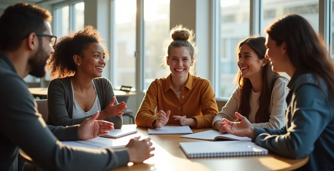 Groupe d'étudiants collaborant sur un projet associatif dans un espace de coworking universitaire