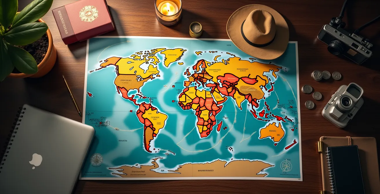 Carte du monde avec des icônes d'expériences transformées en compétences professionnelles