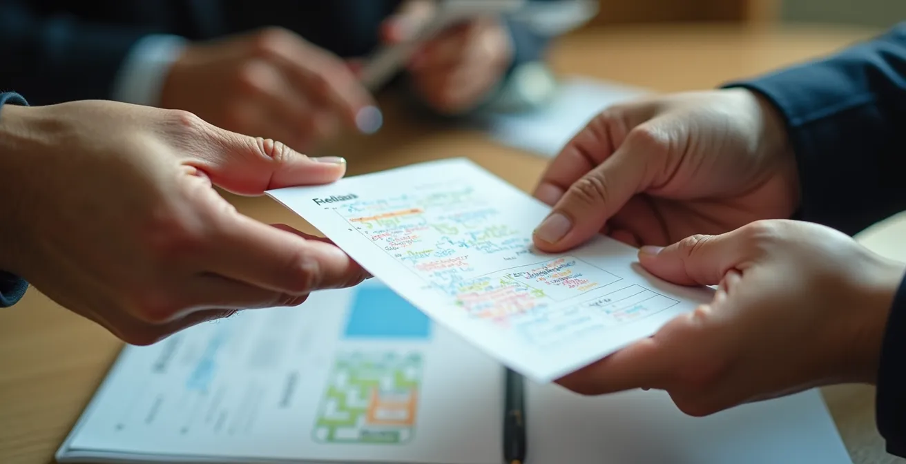 Gros plan macro sur des mains échangeant des documents avec des annotations colorées, symbolisant le processus de feedback.