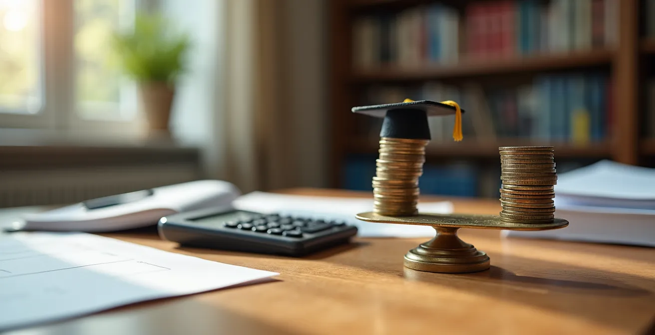 Illustration métaphorique du financement des études avec une balance, des pièces et un chapeau de diplômé