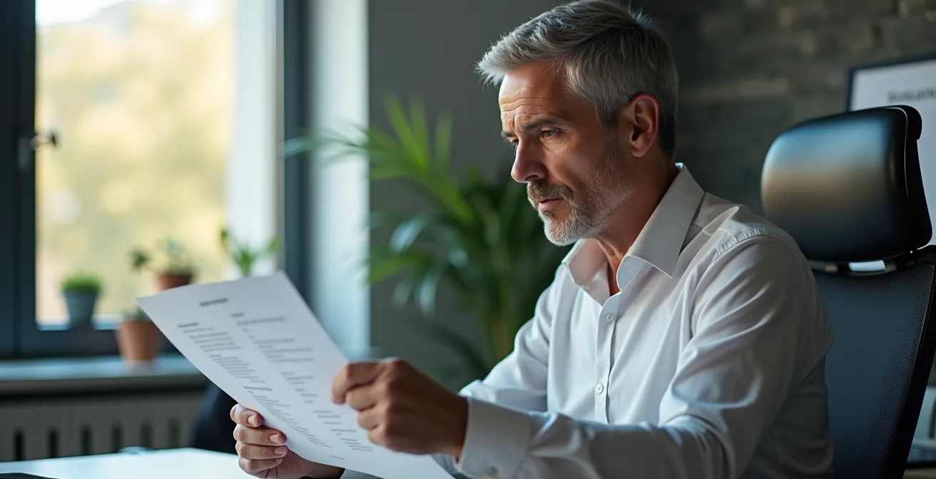 Portrait d'un cadre en réflexion dans un bureau moderne, exprimant la concentration et l'autonomie