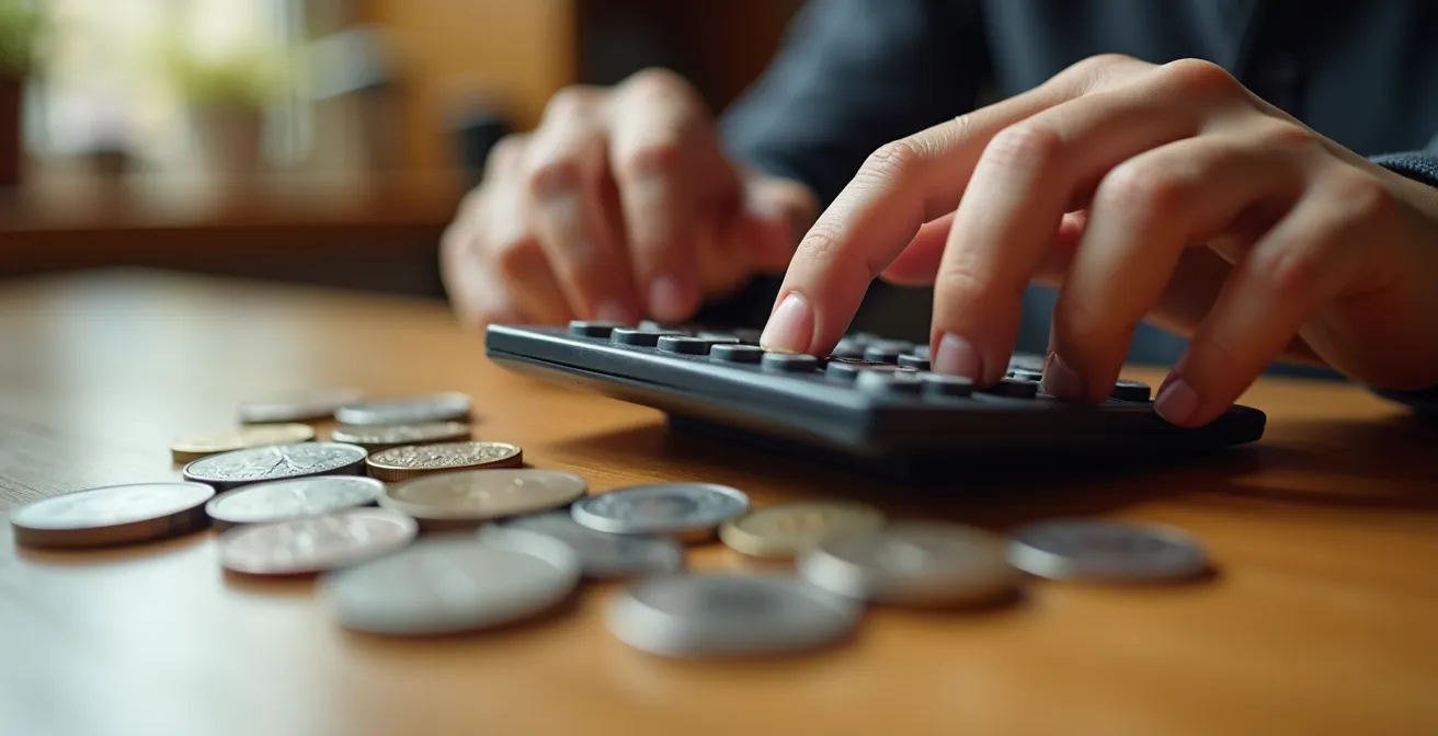 Vue macro de mains tenant un smartphone avec des pièces et billets flous en arrière-plan