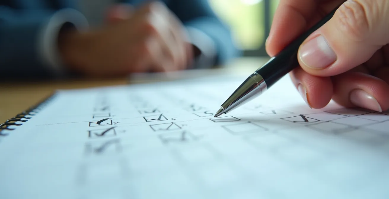 Vue macro d'un carnet d'évaluation avec grille de notation manuscrite floue