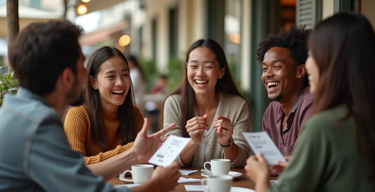 Groupe d'amis de différentes nationalités partageant un moment convivial dans un café local