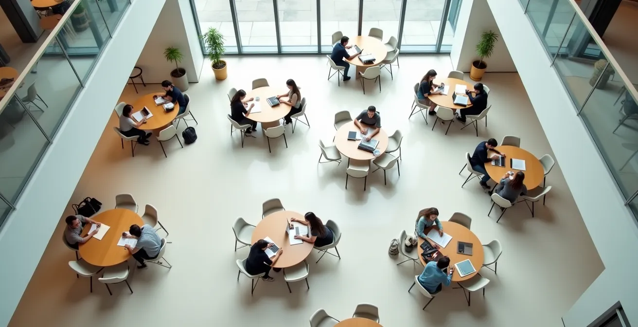 Vue aérienne d'un espace de travail collaboratif avec étudiants travaillant en petits groupes autour de tables rondes