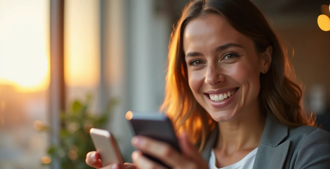 Portrait rapproché d'une professionnelle souriante tenant deux smartphones montrant des profils LinkedIn, symbolisant la mise en relation entre alumni