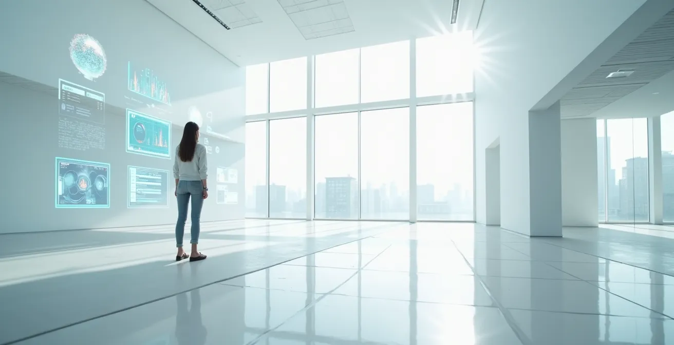 Ingénieure travaillant sur des projets d'innovation technologique dans un environnement de laboratoire futuriste