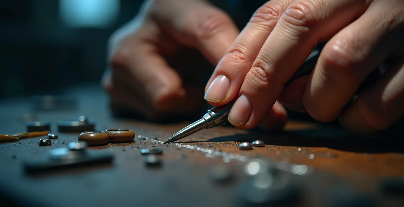 Macro détaillée montrant des mains expertes manipulant des outils de précision, symbolisant l'acquisition méthodique de compétences
