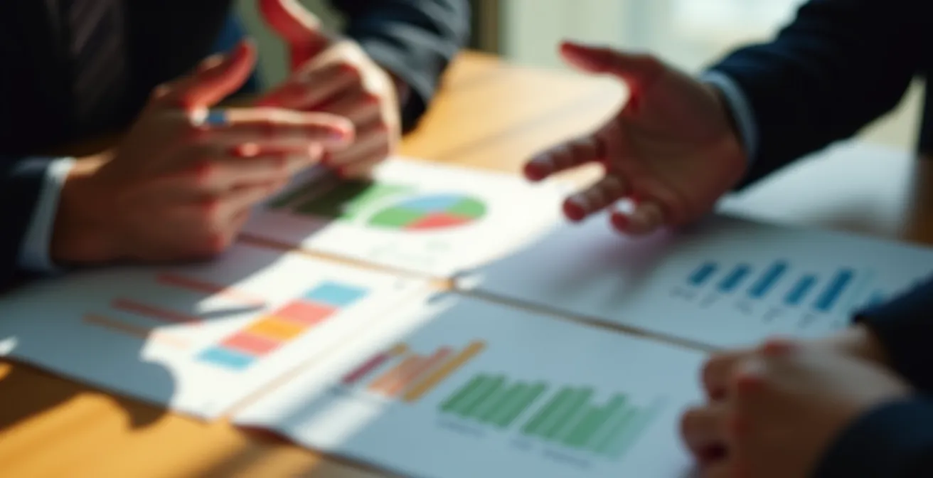 Discussion professionnelle entre deux personnes autour d'une table en bois avec documents flous
