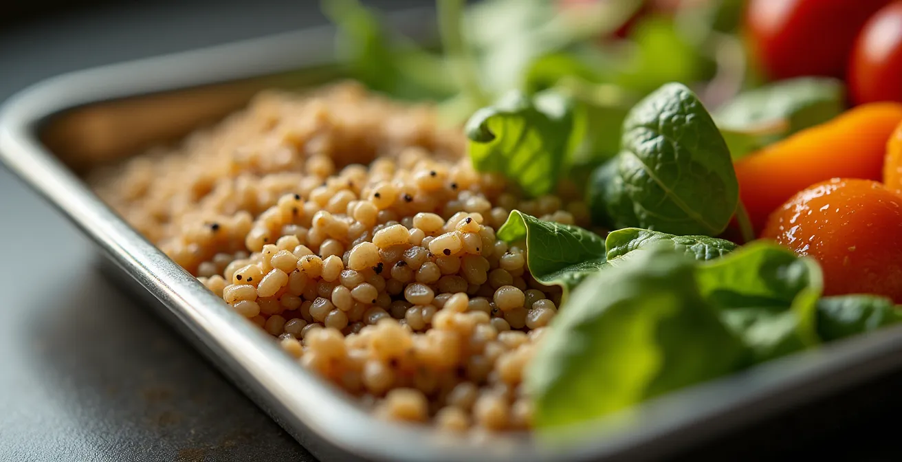 Vue macro détaillée d'un plateau repas équilibré avec légumes colorés et céréales complètes