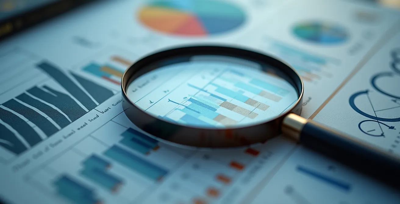 Vue macro de documents d'analyse d'entreprise avec loupe grossissante sur données clés