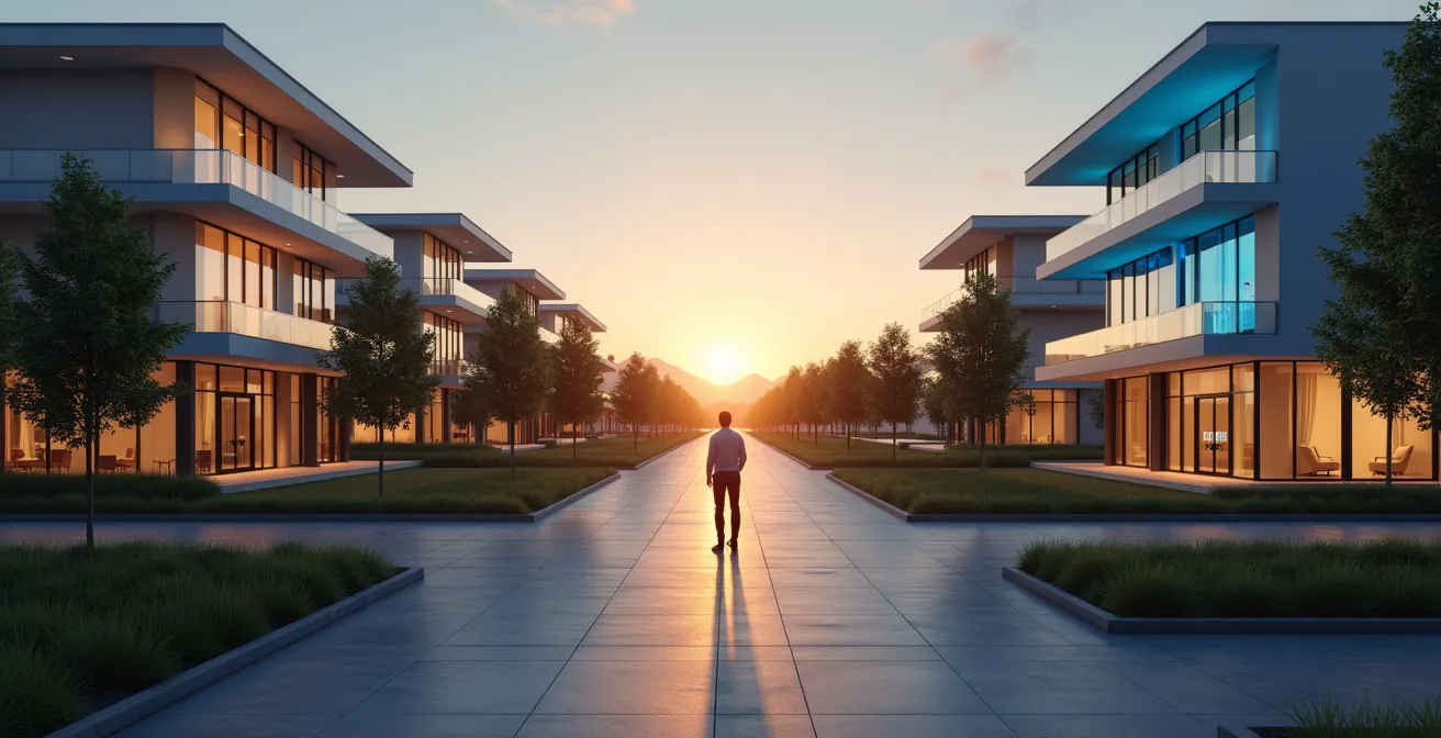 Représentation métaphorique de la reconversion après médecine comme un carrefour avec plusieurs chemins lumineux