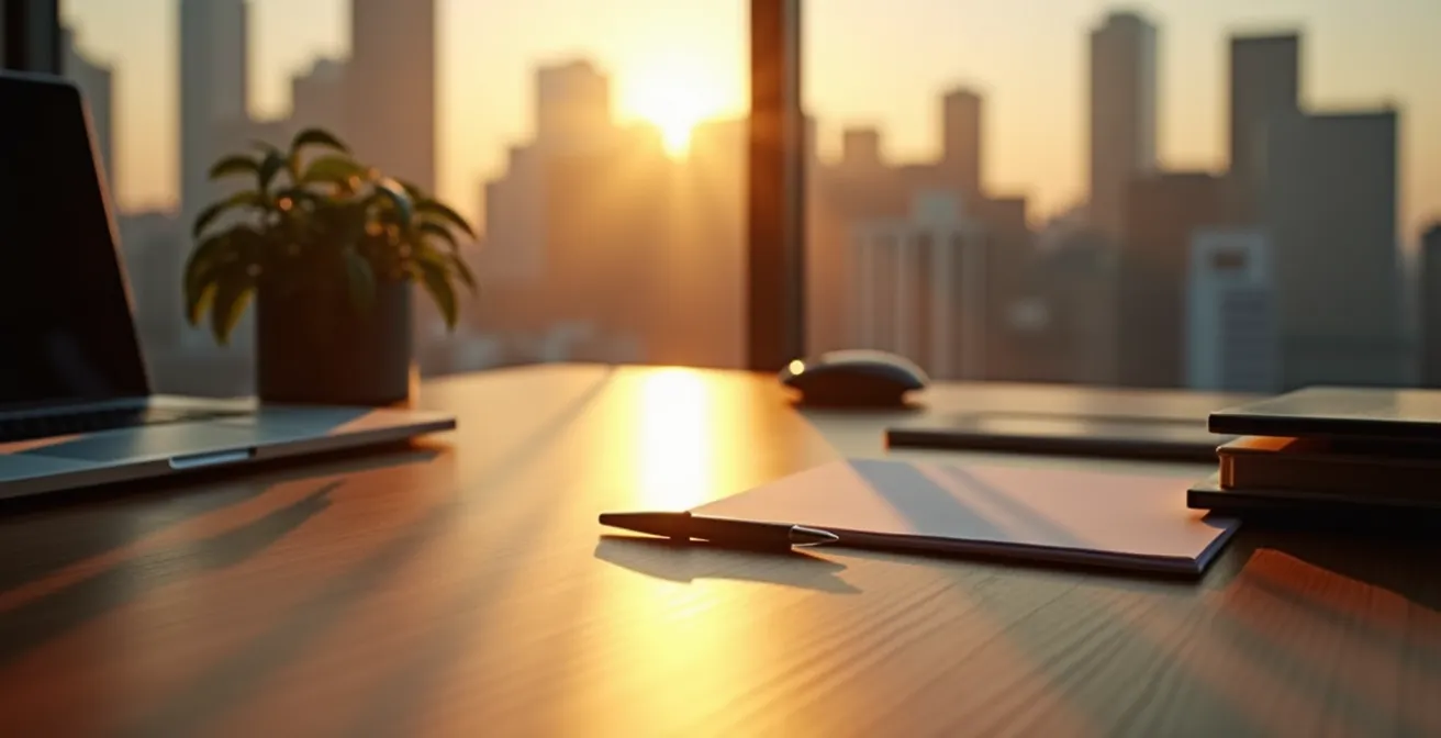 Bureau moderne avec vue sur skyline urbain, documents professionnels sur table en bois