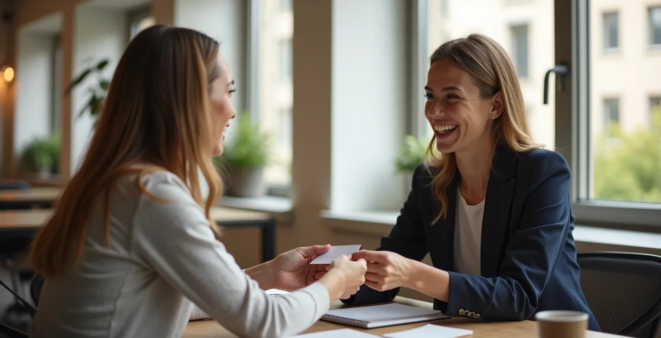 Rencontre professionnelle entre alumni dans un espace moderne de coworking