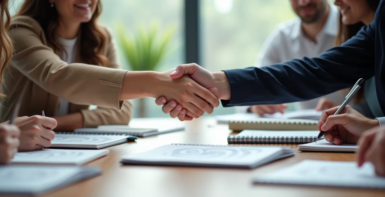 Réunion de dialogue social entre représentants et direction, symbolisée par une poignée de main au-dessus d'une table