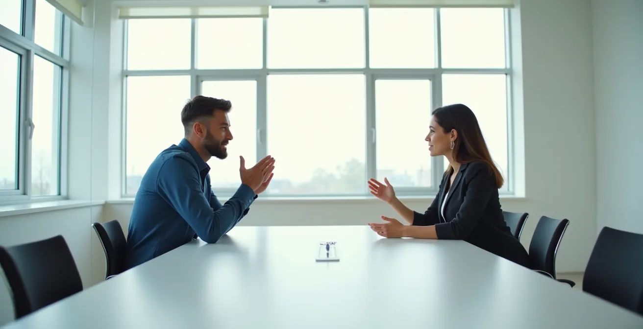 Discussion entre manager et salarié dans un environnement de bureau minimaliste