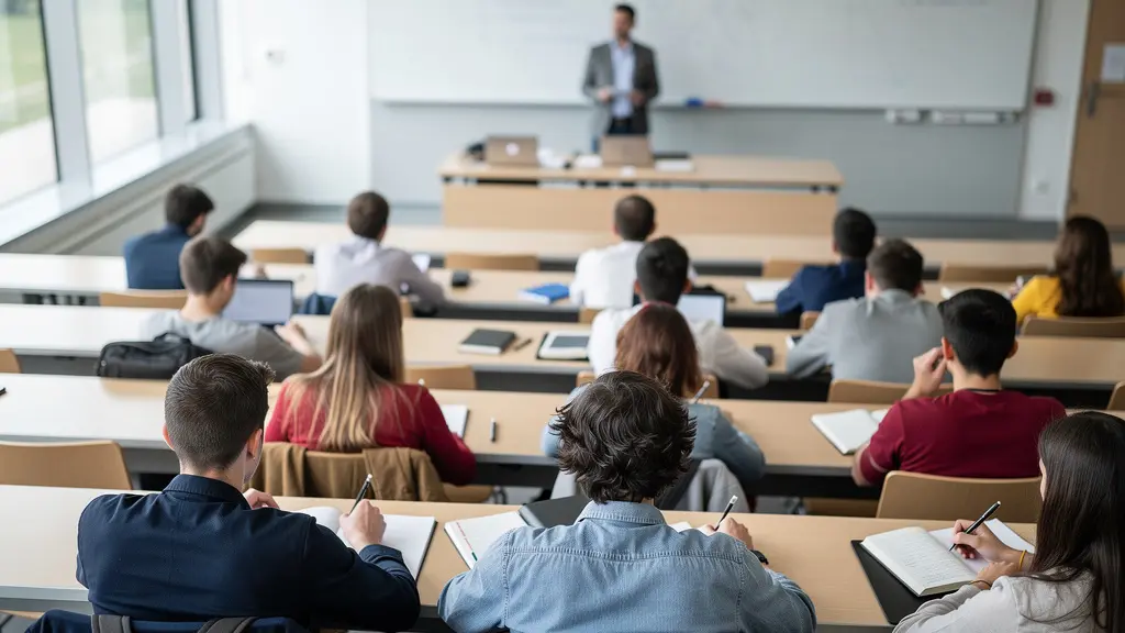 Étudiants français suivant cours magistral université européenne