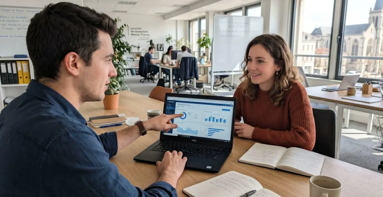 Deux jeunes professionnels discutent autour d'un ordinateur portable dans un espace de travail lumineux lors d'un entretien de coaching