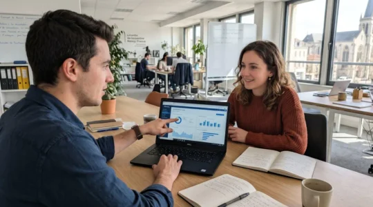 Deux jeunes professionnels discutent autour d'un ordinateur portable dans un espace de travail lumineux lors d'un entretien de coaching