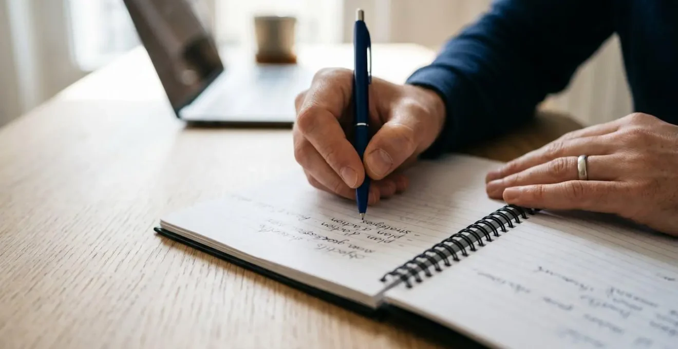 Gros plan sur des mains écrivant des notes dans un carnet lors d'un entretien de coaching avec un ordinateur portable flouté en arrière-plan