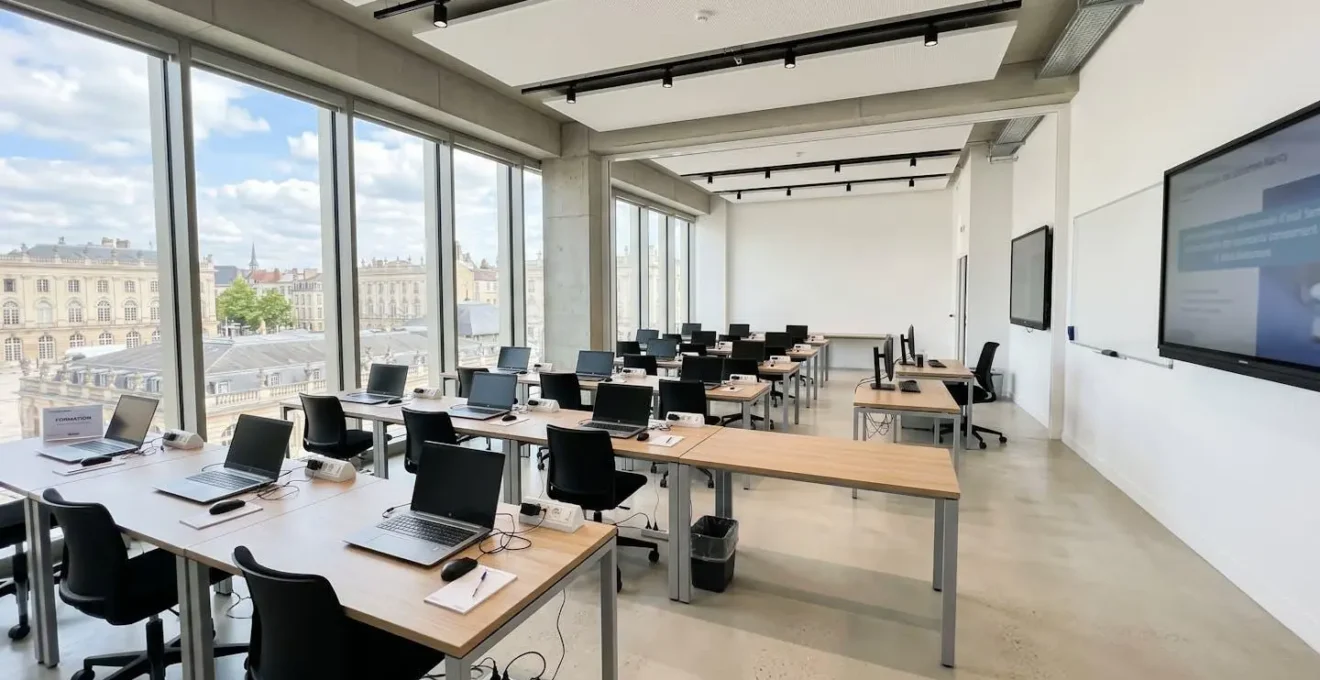 Salle de formation moderne et lumineuse avec bureaux contemporains vides et équipements numériques à Nancy