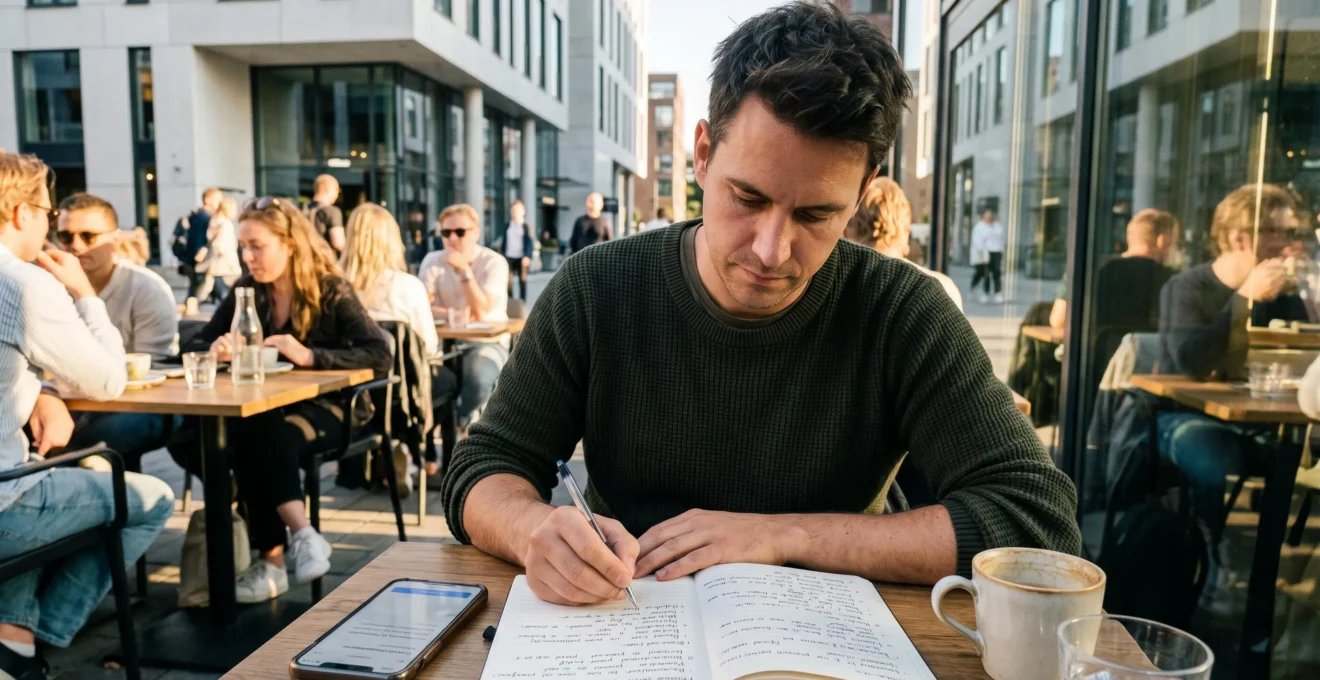 Étudiant trentenaire concentré sur son carnet de notes à une terrasse de café, smartphone affichant une application linguistique à côté de lui, lumière dorée d'après-midi