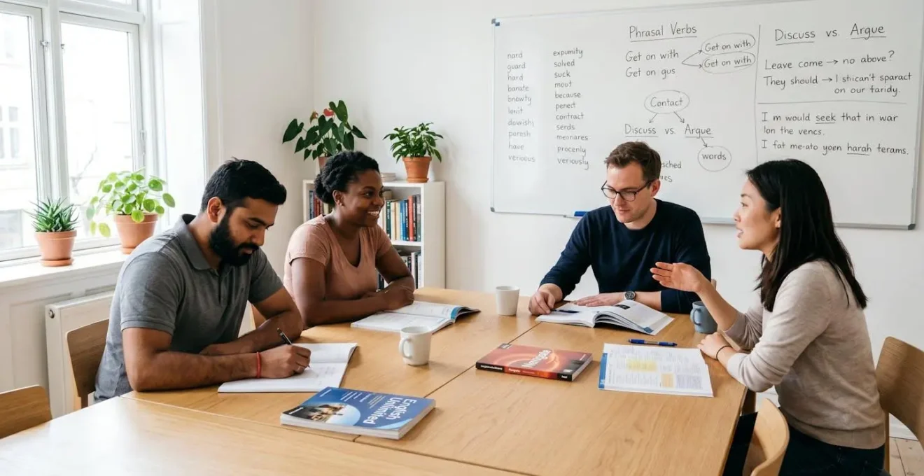 Groupe d'étudiants adultes diversifiés assis autour d'une table dans une salle de classe lumineuse d'école de langues, consultant des manuels et interagissant naturellement pendant un cours