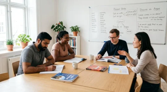 Groupe d'étudiants adultes diversifiés assis autour d'une table dans une salle de classe lumineuse d'école de langues, consultant des manuels et interagissant naturellement pendant un cours