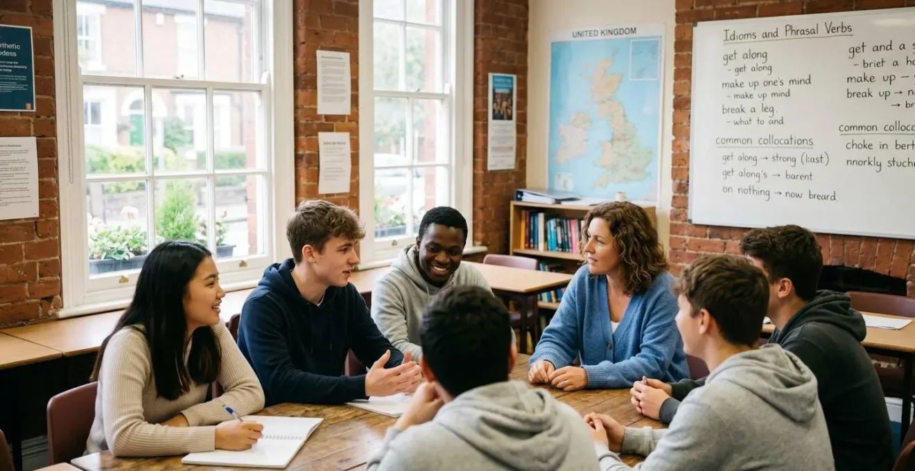 Groupe d'étudiants internationaux en cours d'anglais dans une salle de classe lumineuse d'une école britannique, échangeant avec leur professeur autour d'une table, carte du Royaume-Uni visible au mur