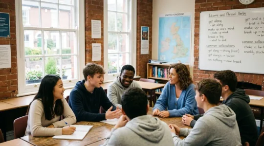 Groupe d'étudiants internationaux en cours d'anglais dans une salle de classe lumineuse d'une école britannique, échangeant avec leur professeur autour d'une table, carte du Royaume-Uni visible au mur