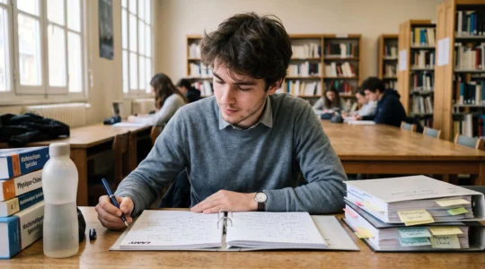 Un étudiant concentré travaille dans un cahier de mathématiques à une longue table de bibliothèque de lycée, entouré de classeurs organisés et de manuels annotés.